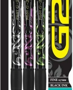 PILOT G2 Fashion Collection Colors Refillable & Retractable Rolling Ball Gel Pens, Fine Point, Silver/Pink/Green Design Barrels, Black Ink, 3-Pack