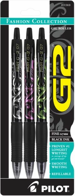 PILOT G2 Fashion Collection Colors Refillable & Retractable Rolling Ball Gel Pens, Fine Point, Silver/Pink/Green Design Barrels, Black Ink, 3-Pack 2 PILOT G2 Fashion Collection Colors Refillable & Retractable Rolling Ball Gel Pens, Fine Point, Silver/Pink/Green Design Barrels, Black Ink, 3-Pack