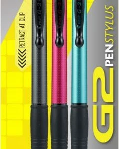 PILOT G2 Pen Stylus, Fine Point, Grey/Red/Turquoise Barrels, Black Ink, 3-Pack