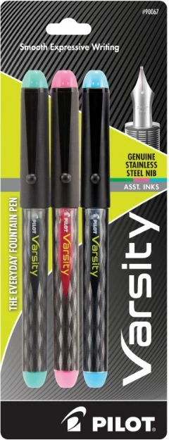 PILOT Varsity Disposable Fountain Pens, Medium Point Stainless Steel Nib, Green/Pink/Turquoise Inks, 3-Pack 3 PILOT Varsity Disposable Fountain Pens, Medium Point Stainless Steel Nib, Green/Pink/Turquoise Inks, 3-Pack