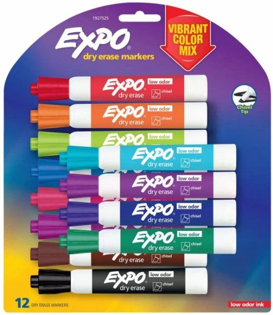 Expo Low Odor Dry Erase Vibrant Color Markers, Broad Chisel Tip, Assorted Colors, 12/Set 1 Ea 3 Expo Low Odor Dry Erase Vibrant Color Markers, Broad Chisel Tip, Assorted Colors, 12/Set 1 Ea