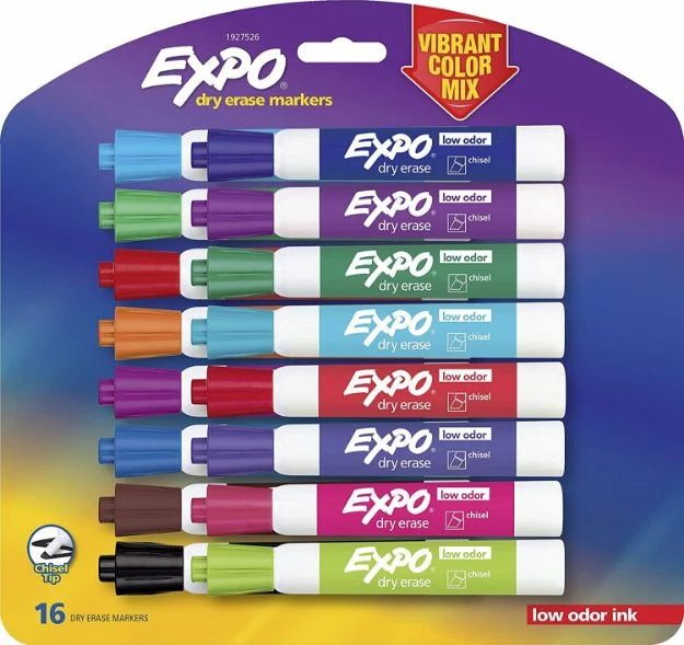 Expo Low Odor Dry Erase Vibrant Color Markers, Broad Chisel Tip, Assorted Colors, 16/Set 1 Ea 3 Expo Low Odor Dry Erase Vibrant Color Markers, Broad Chisel Tip, Assorted Colors, 16/Set 1 Ea