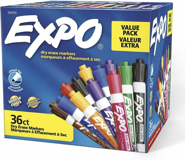 Expo Low-Odor Dry-Erase Marker Value Pack, Broad Chisel Tip, Assorted Colors, 36/Box 1 Ea 3 Expo Low-Odor Dry-Erase Marker Value Pack, Broad Chisel Tip, Assorted Colors, 36/Box 1 Ea