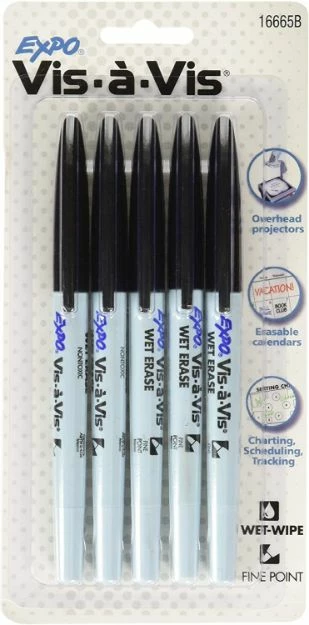 Expo Vis-A-Vis Wet Erase Marker, Fine Bullet Tip, Black, 5/Set 1 Ea 3 Expo Vis-A-Vis Wet Erase Marker, Fine Bullet Tip, Black, 5/Set 1 Ea