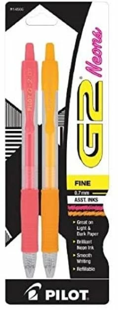 Pilot G2 Neon Gel Pen, Retra/Packable, Rubber Grip, Fine 0.7Mm, 2/Pack Assorted Colors 3 Pilot G2 Neon Gel Pen, Retra/Packable, Rubber Grip, Fine 0.7Mm, 2/Pack Assorted Colors