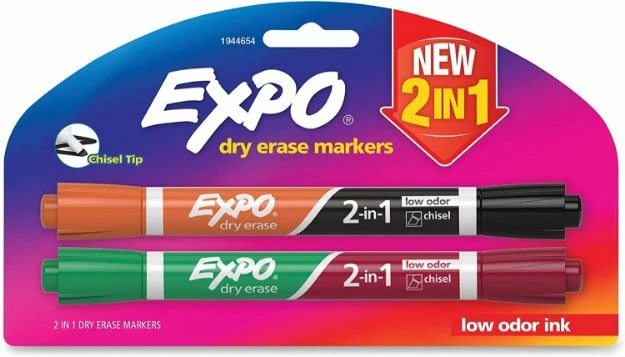 Expo 2-In-1 Dry Erase Markers, Fine/Broad Chisel Tips, Assorted Primary Colors, 2/Pack 1 Ea 3 Expo 2-In-1 Dry Erase Markers, Fine/Broad Chisel Tips, Assorted Primary Colors, 2/Pack 1 Ea